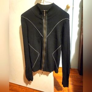 Madison Zip Up Black Knit Jacket Sweater with White Trim size Small